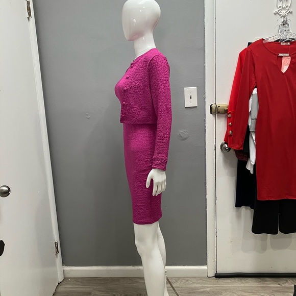 Fuchsia Textured Knit Sheath Dress with Cropped Cardigan - Picture 2 of 8